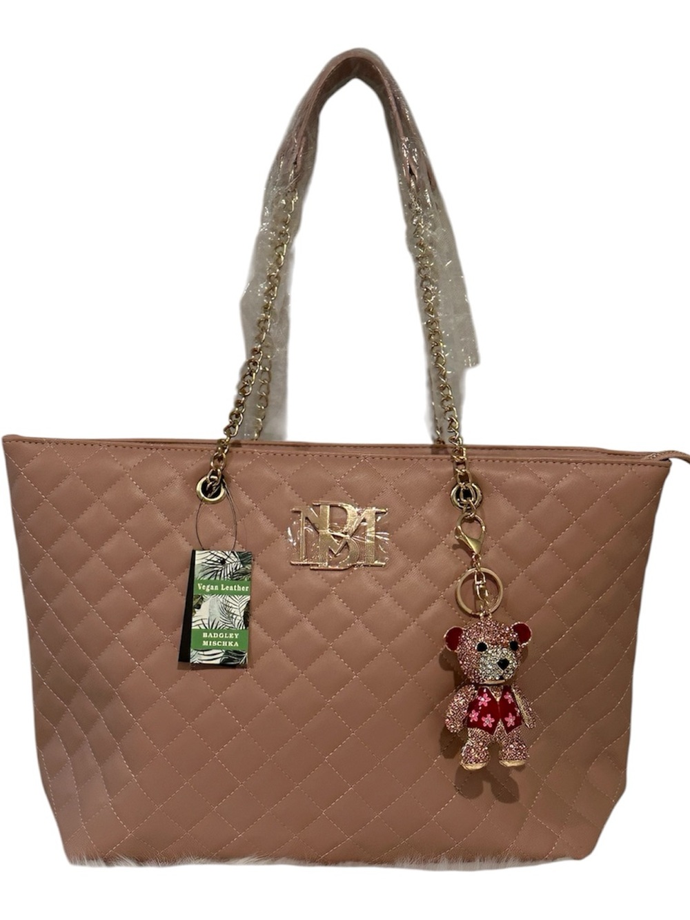 Badgley Mischka Quilted Tote in Blush Vegan Leather Removable Charm NWT